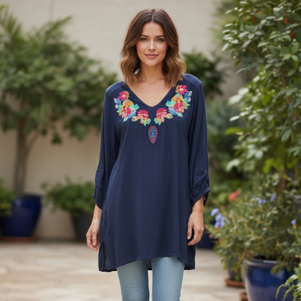 Johnny Was Navy Blue Floral Embroidered Blouse Top XS